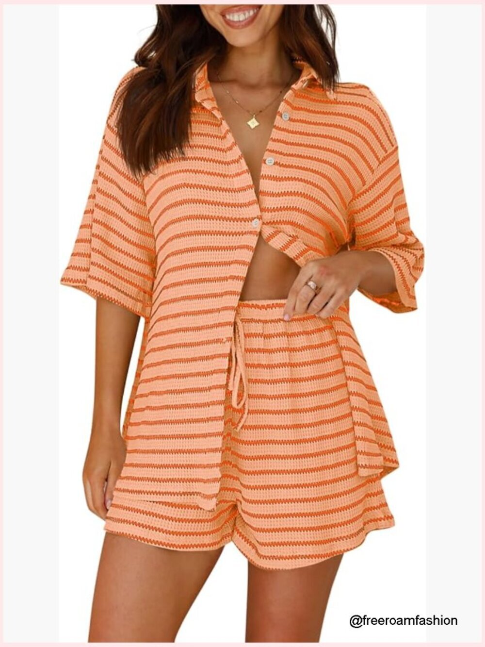 Striped 2 Piece Short Sleeve Button Down Shirt and Shorts Waffle Knit Pajama